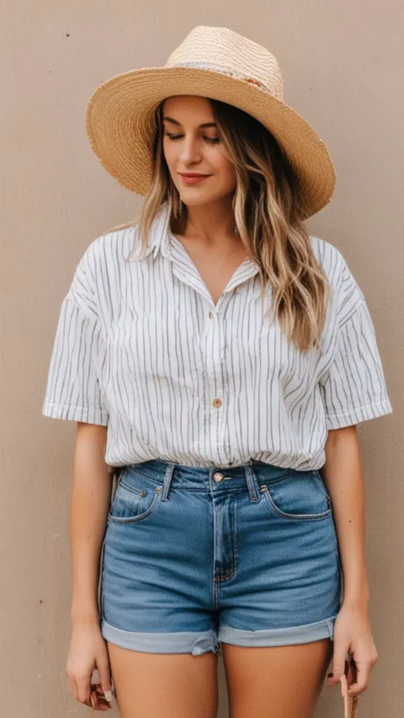 Mom Shorts and Striped Button-Down