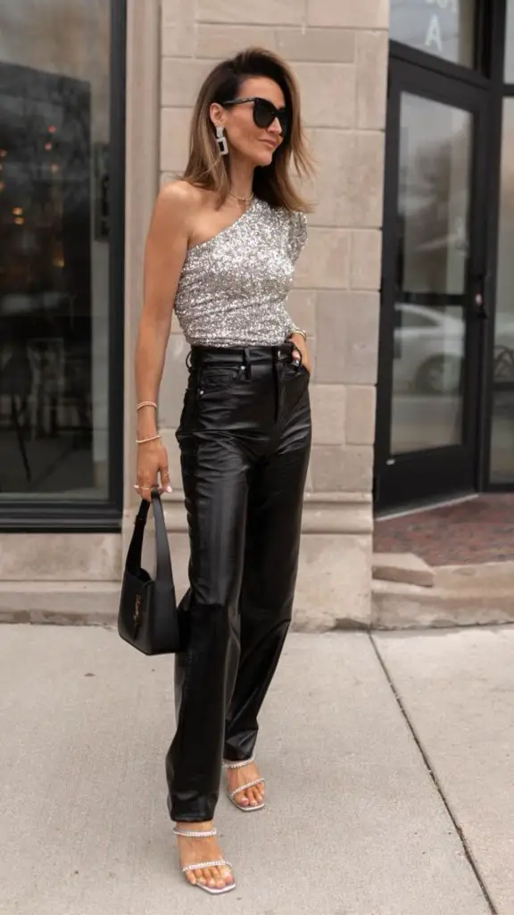 Glitter Top and Leather Trousers