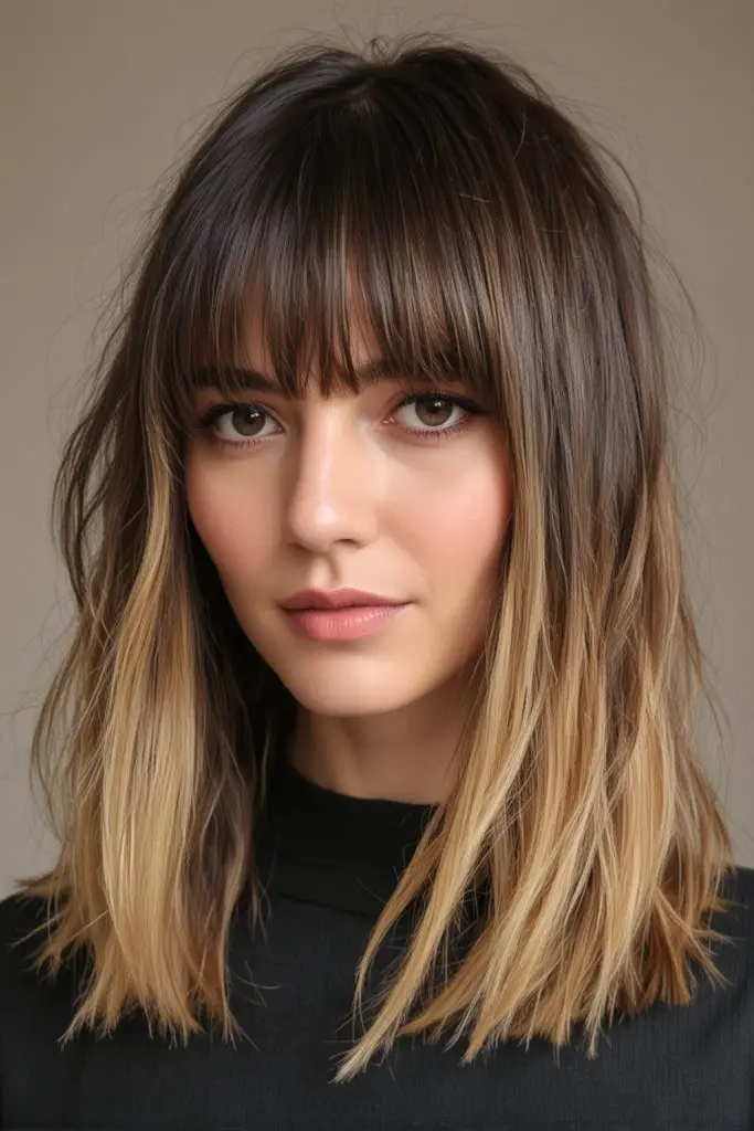 Long Balayage Bob with Blunt Bangs