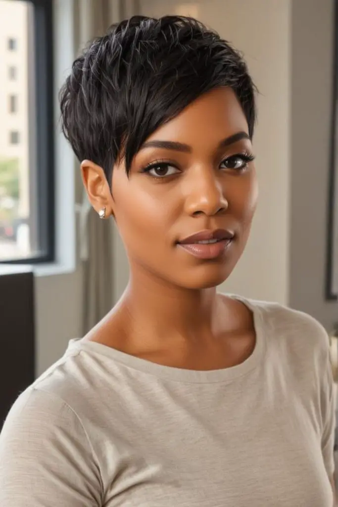 Side-swept pixie with dramatic length.