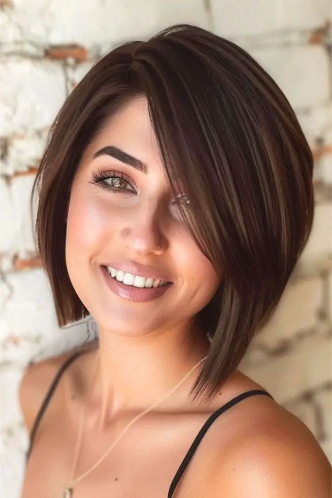 Blunt-cut stack with deep side part.