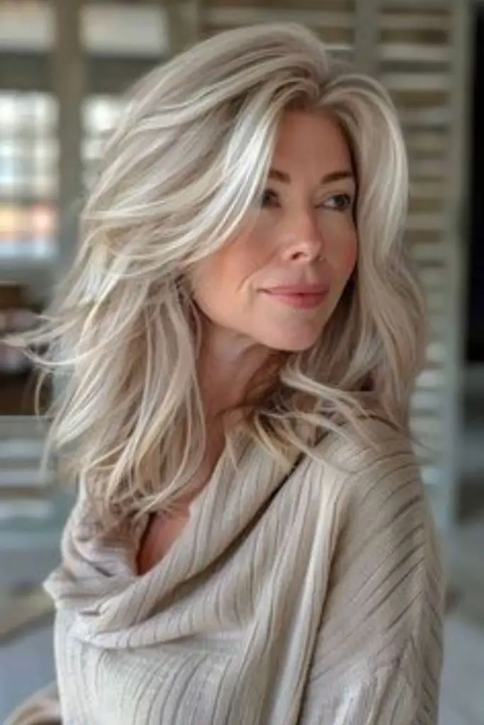 Charred lowlights contrast bold silver hair.