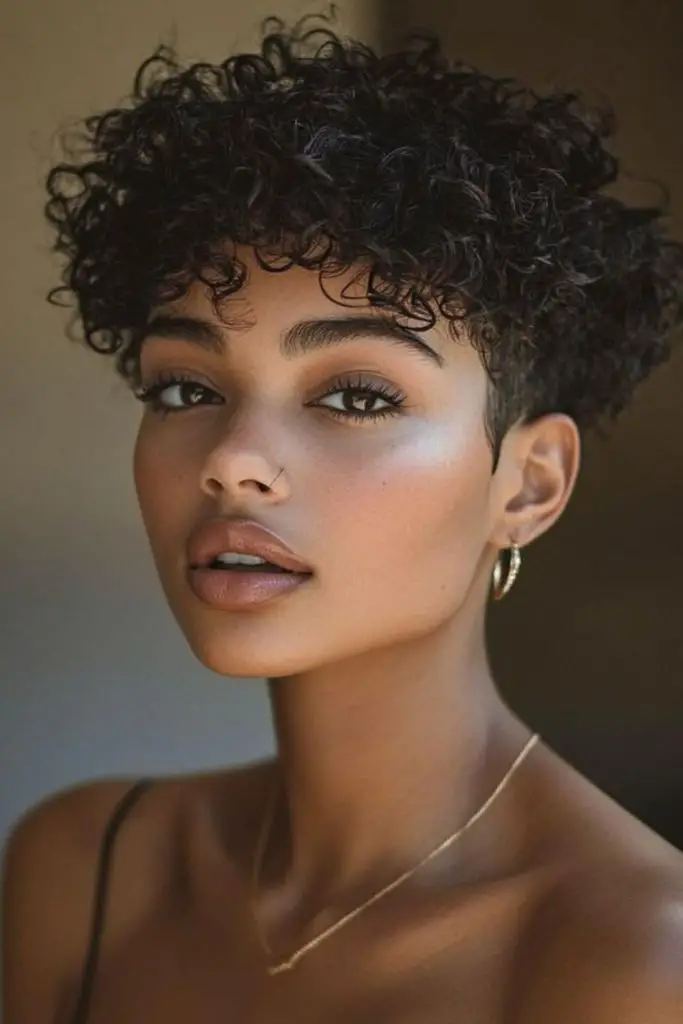 Full curls and short, tapered sides.