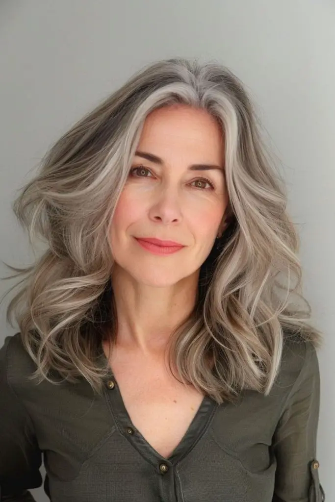 Espresso lowlights enrich soft gray hair.