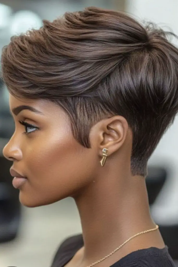 Sleek, glossy pixie for polished appeal.