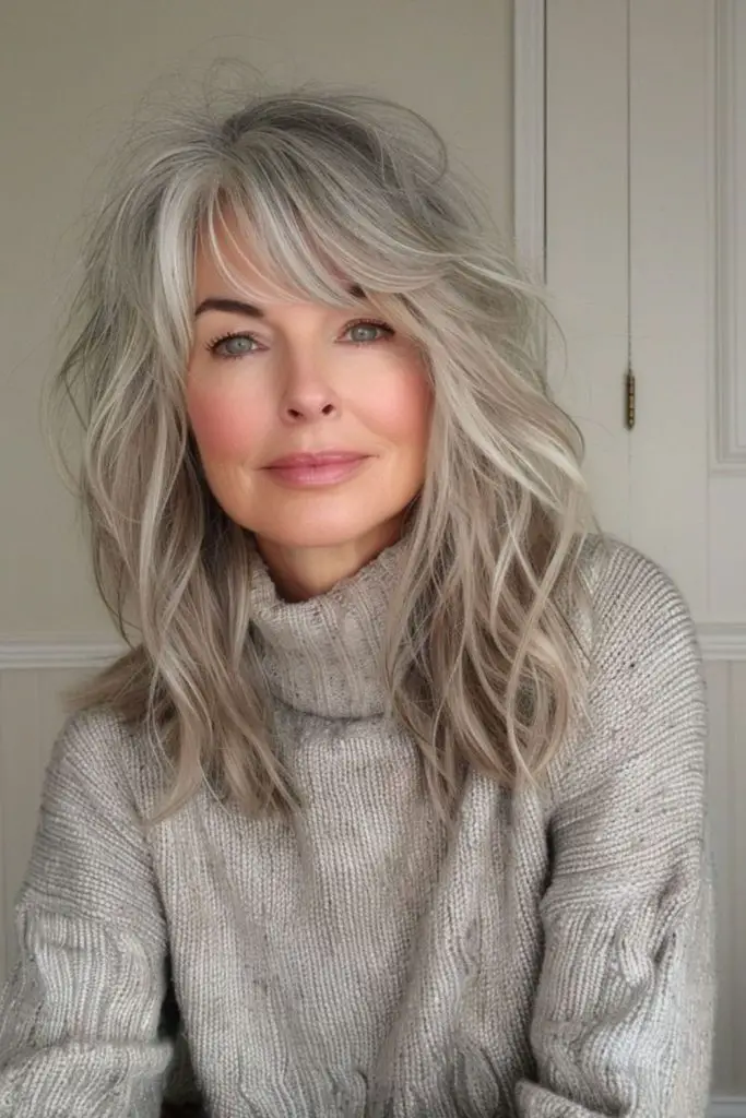 Mocha lowlights swirl through icy silver.