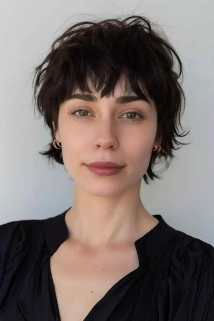 Layered pixie with soft, feathered bangs.