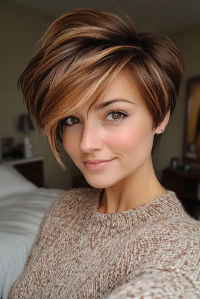 "Layered pixie cut with dimensional highlights."