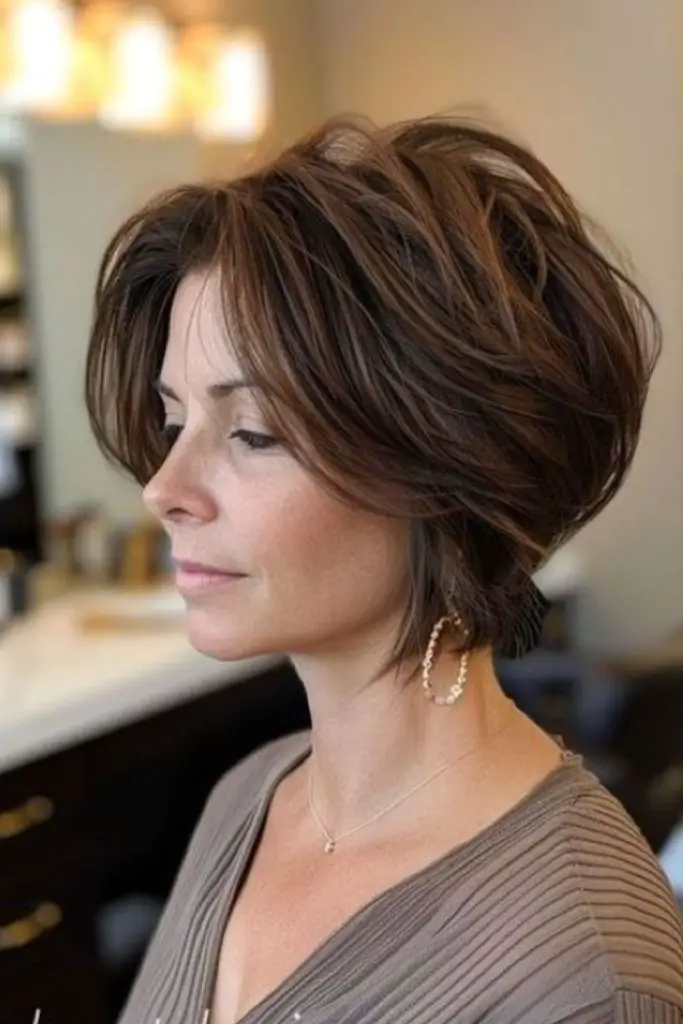Layered stacked bob with flicked-out ends.