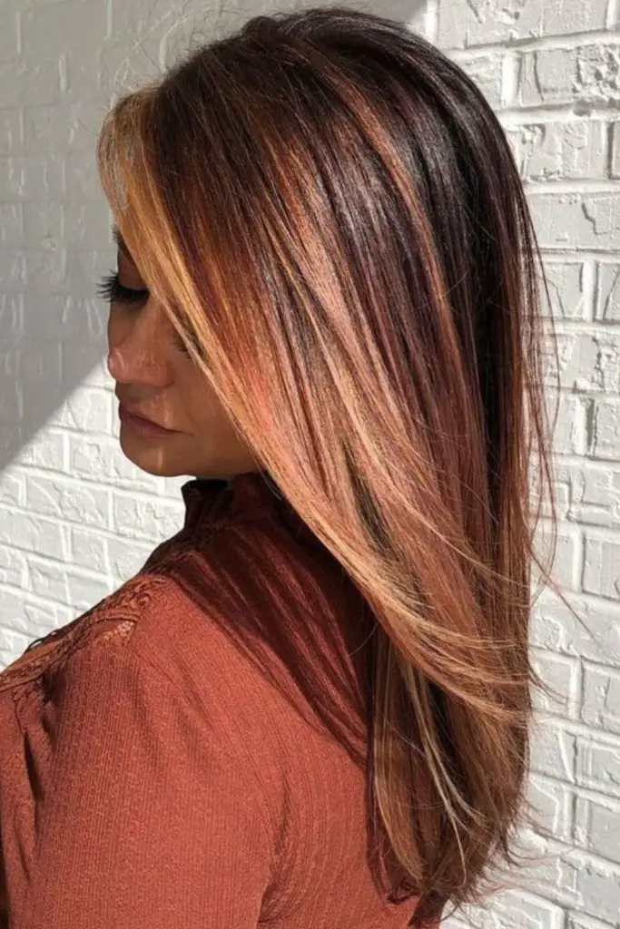 Caramel tones with soft peachy highlights.