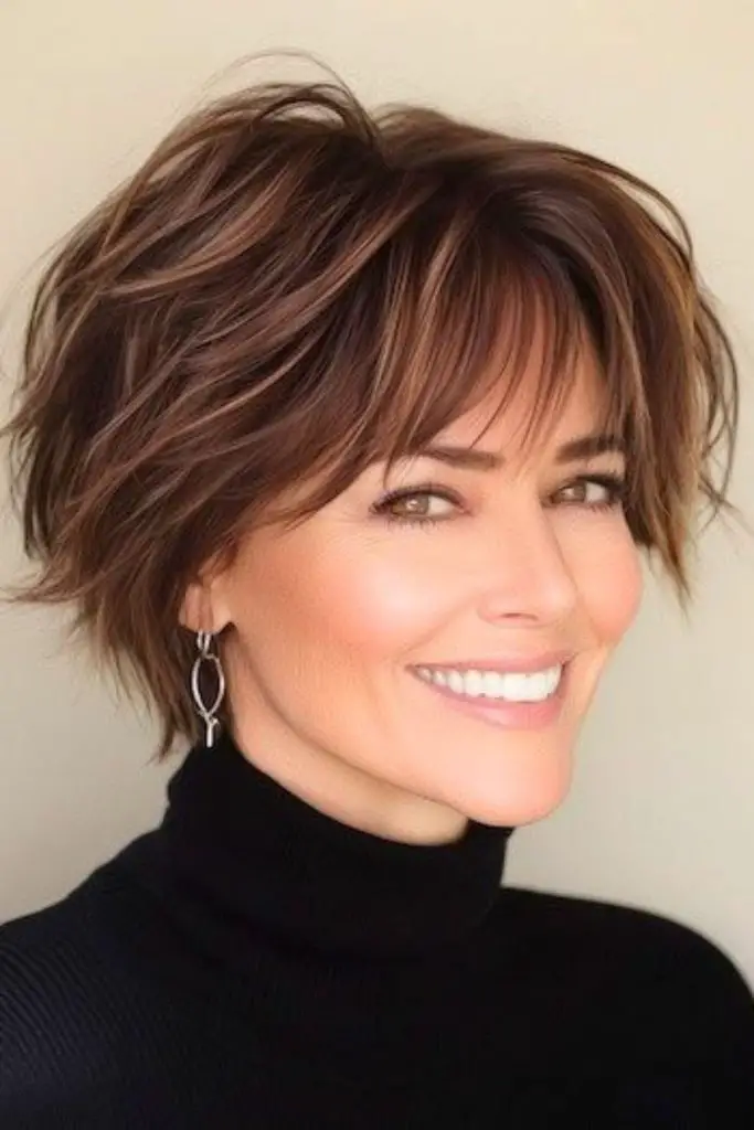 Rounded stack with playful, choppy bangs.