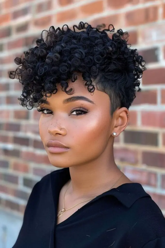 Defined curls with short, shaped crop.