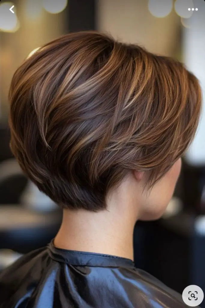 Short stacked cut with tapered ends.