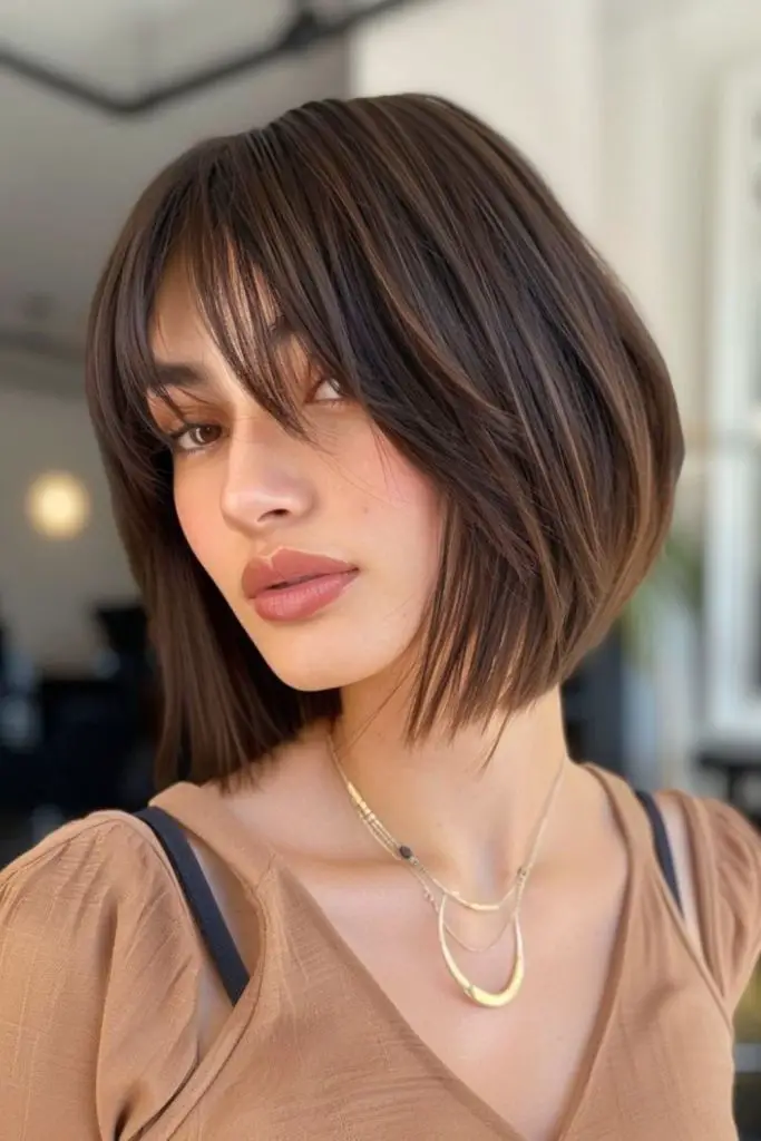 Stacked cut with blunt, bold bangs.