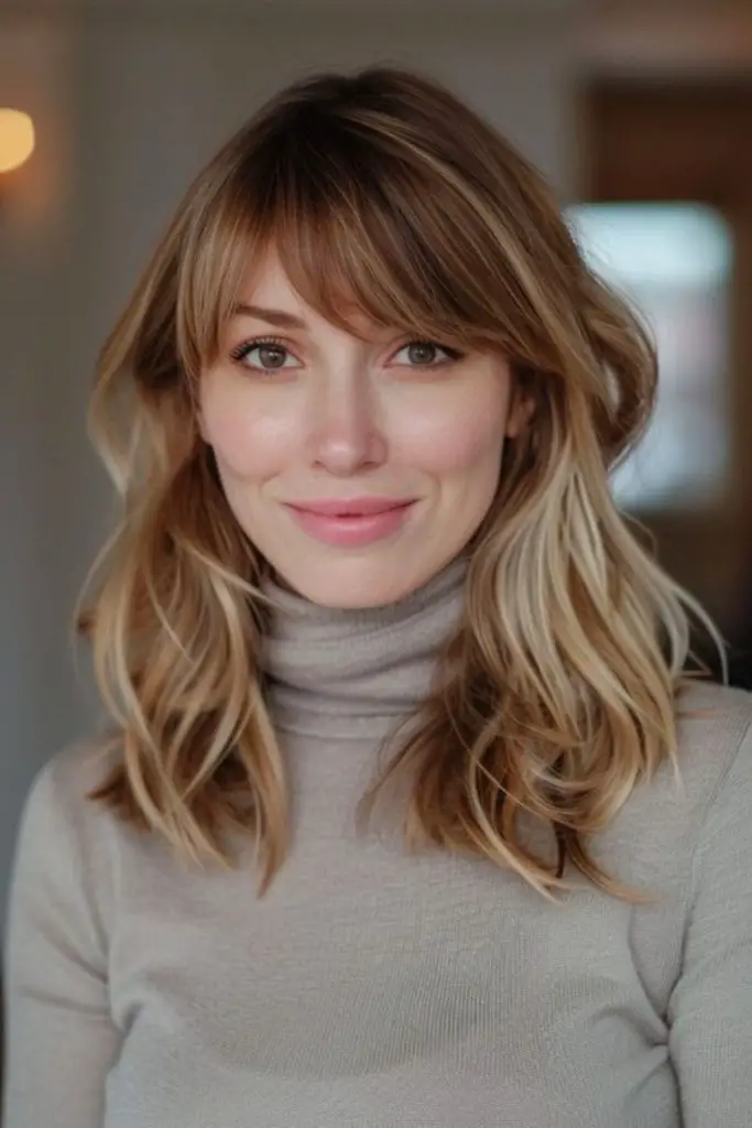 Side bangs framing face softly.
