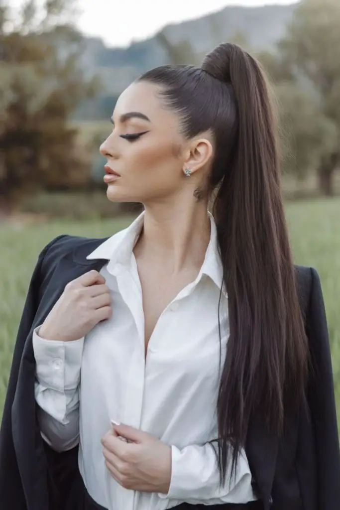 "Sleek ponytail with volume at crown."