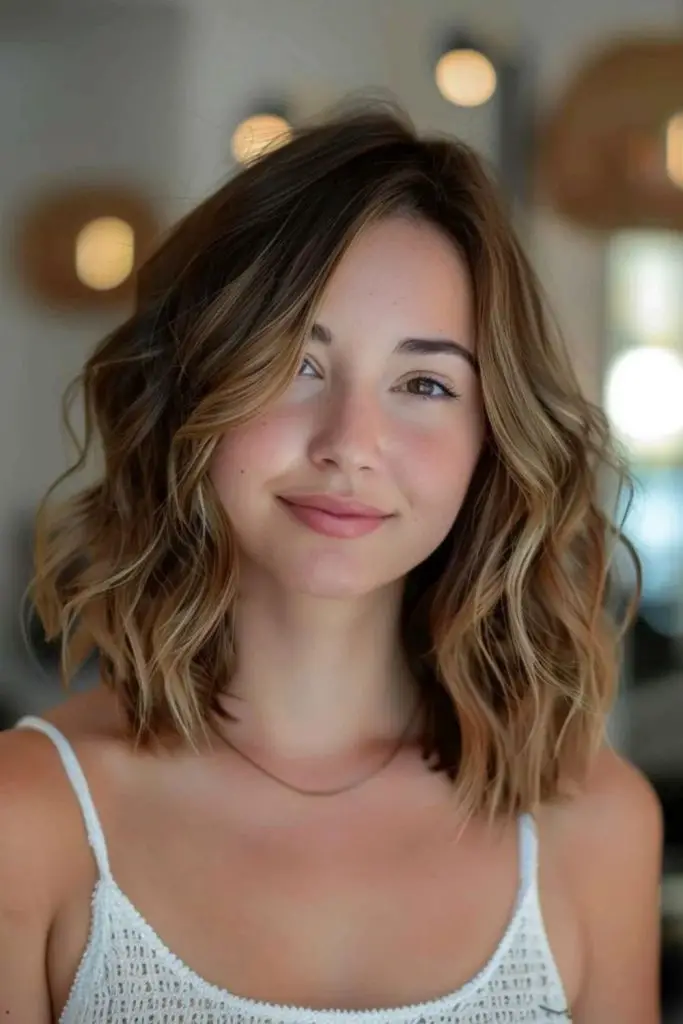 "Face-framing layers with soft waves for volume."
