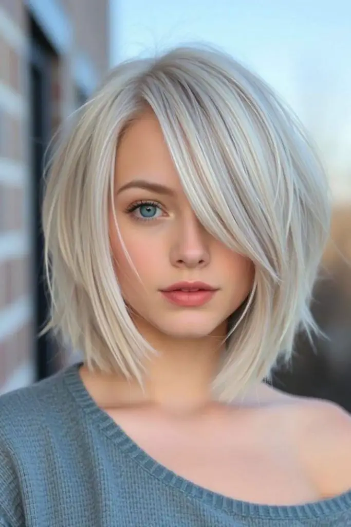 Straight stacked cut with side part.