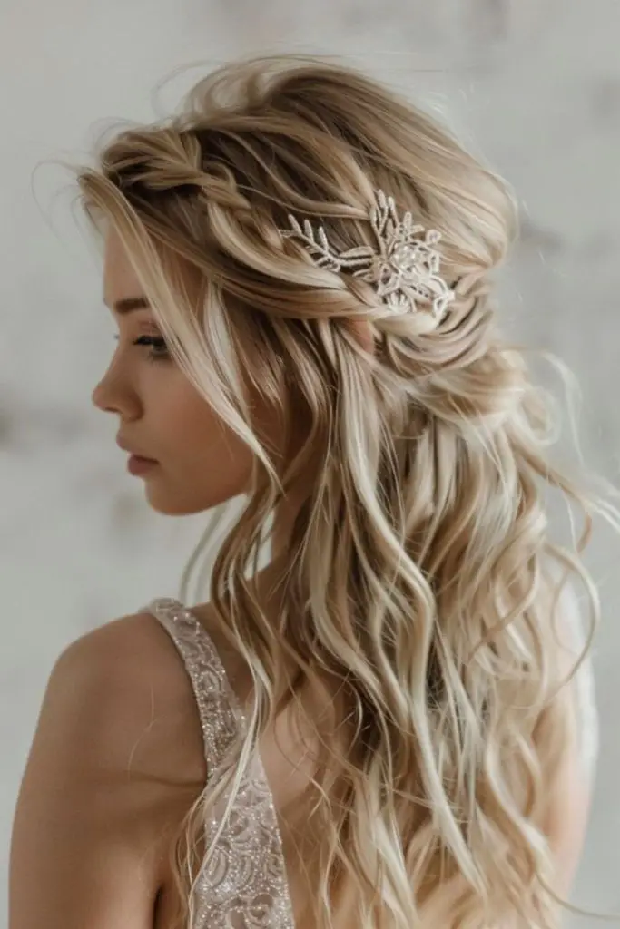 Cascading waves in highlighted winter blonde.