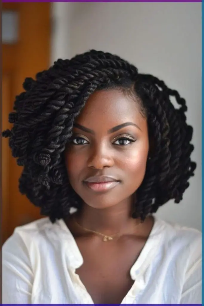 "Edgy asymmetrical bob with sleek twists."