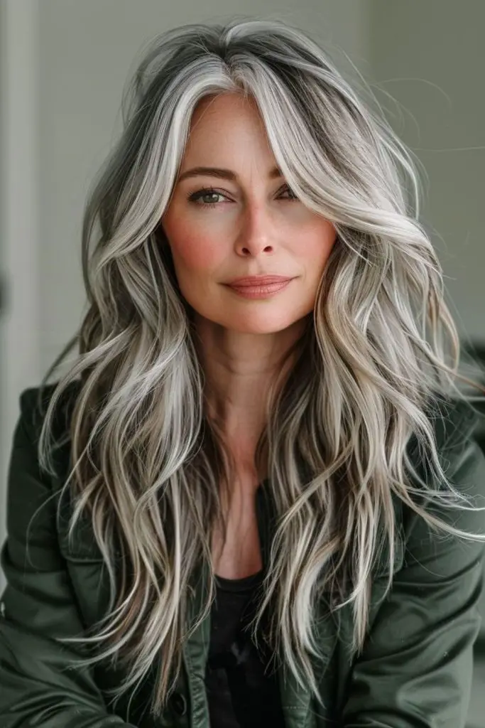 "Balayage blonde mixed with grey slices."