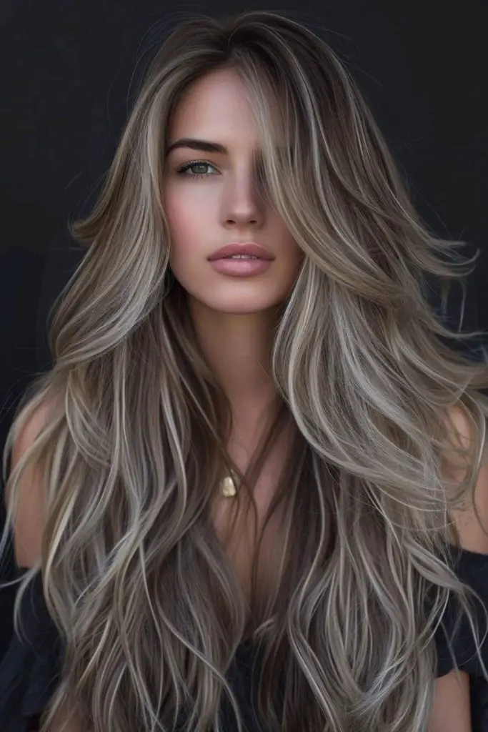 "Blonde hair with silver-shadowed roots."