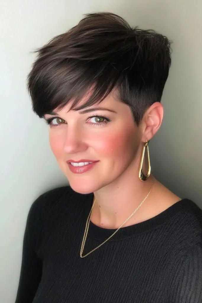 Voluminous pixie with longer top length.