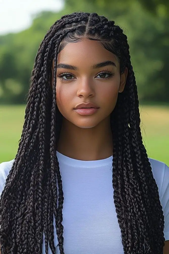 "Flowing long twists for timeless elegance."