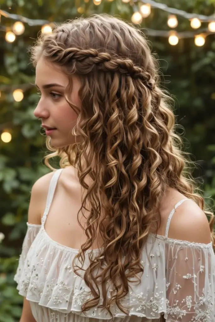Boho crown braids blend with curly layers.