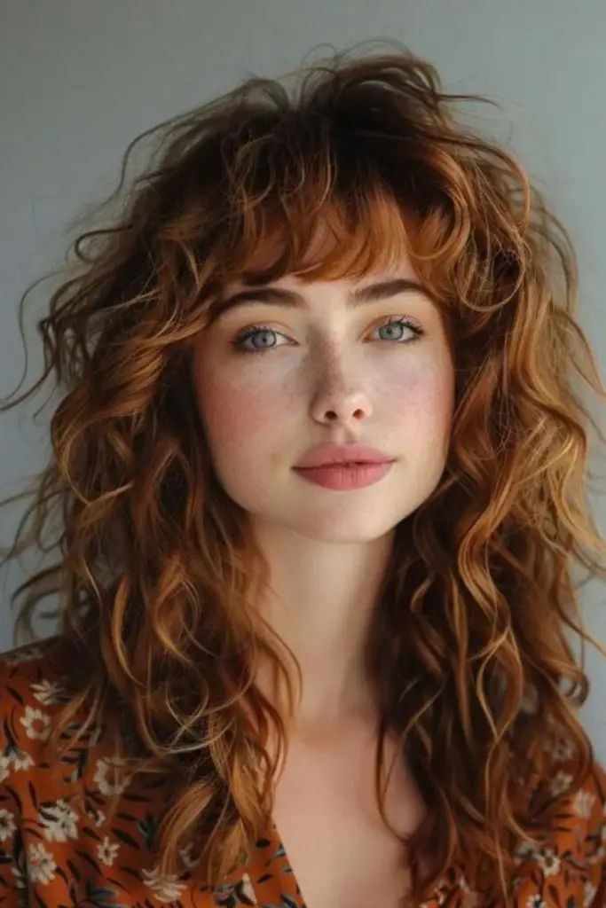 Curtain bangs and curls bring playful depth.