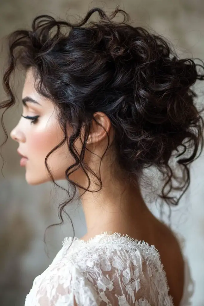 Casual bun features delicate curly tendrils.