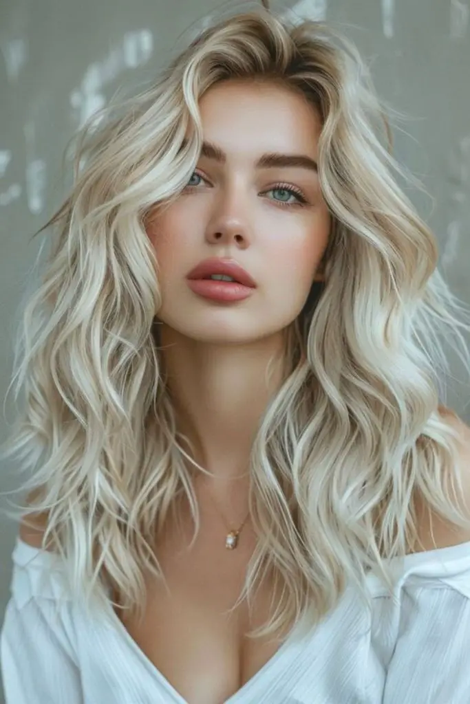 Loose waves with cool winter blonde tones.