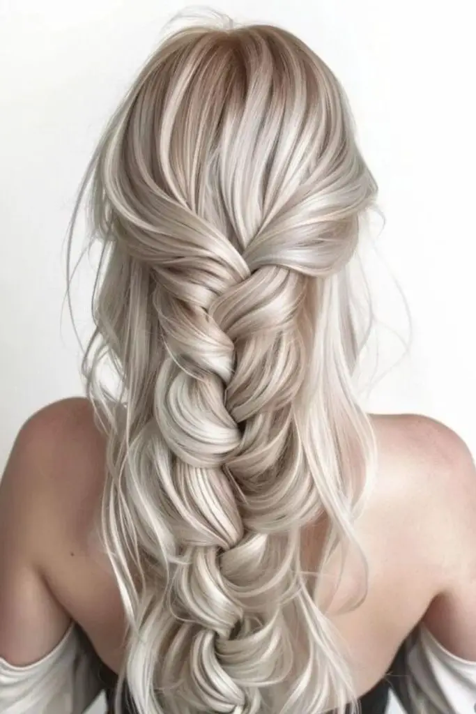 Intricate fishtail braid with platinum highlights.