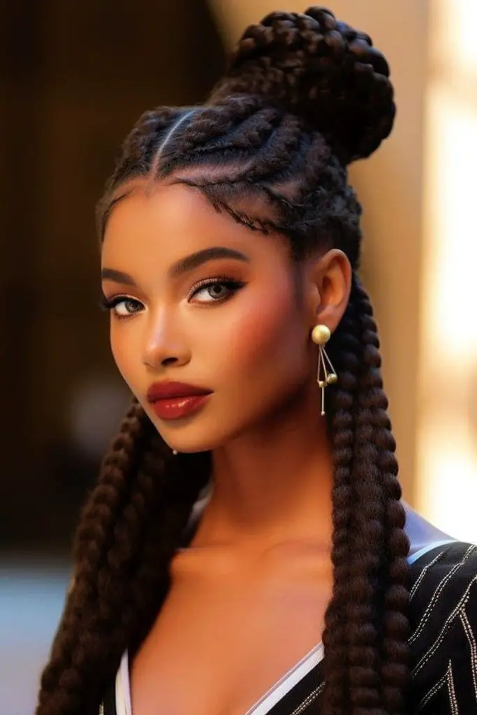 "Playful half-up bun with cascading twists."