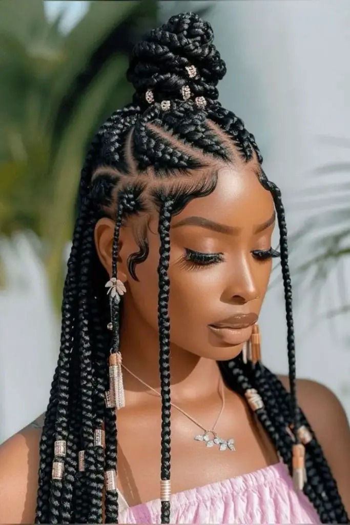 "Playful half-up twists with shiny accents."