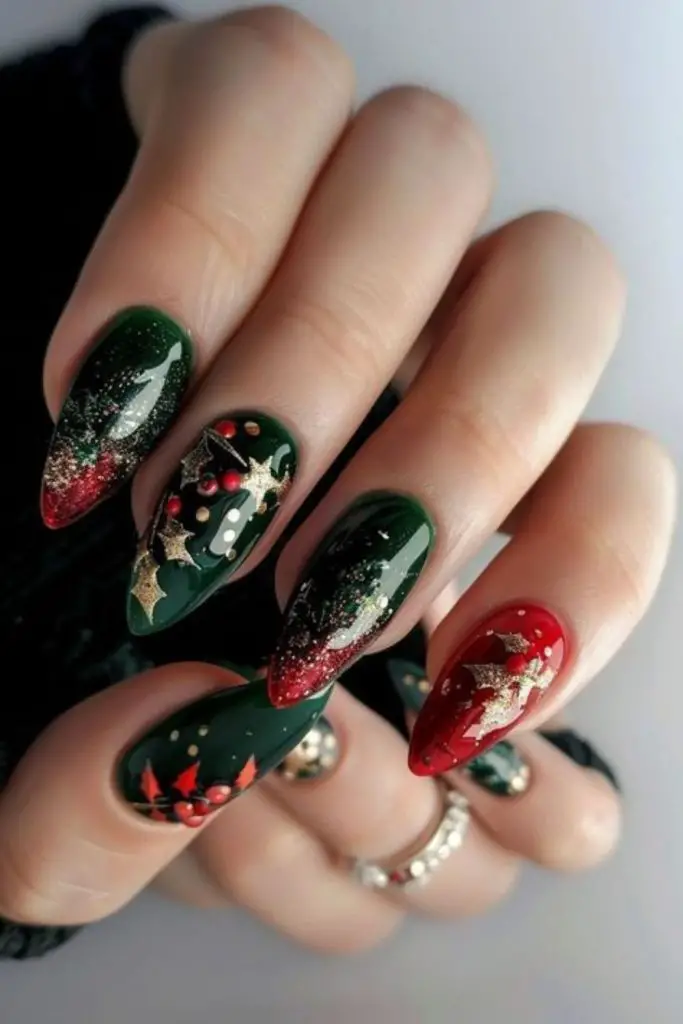 Green nails featuring holly leaf patterns.