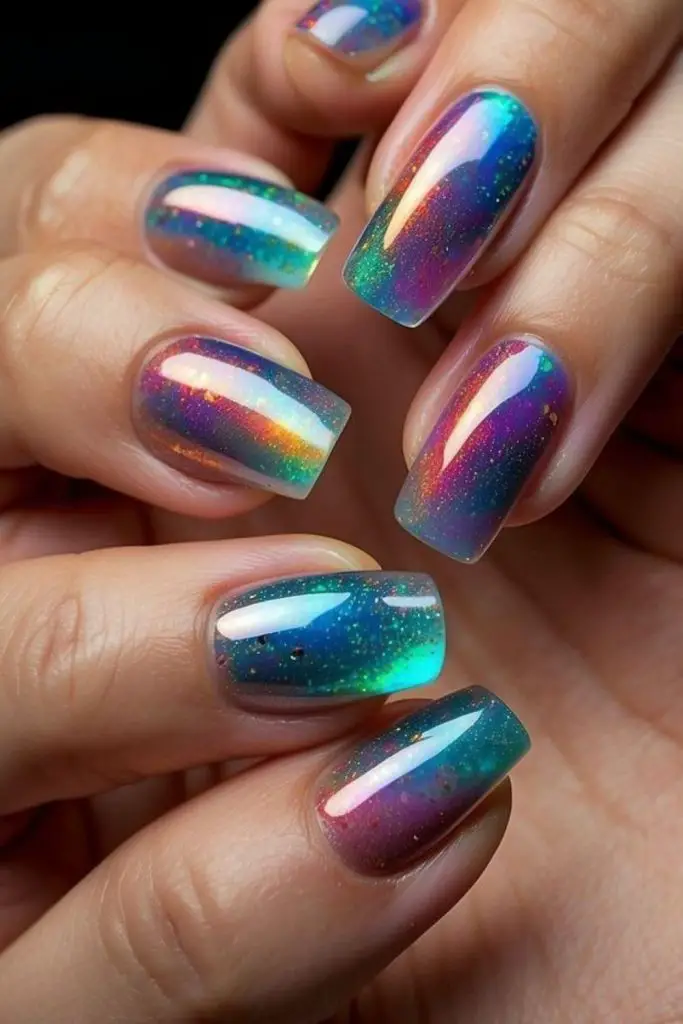 "Rainbow-reflective nails glowing in light."