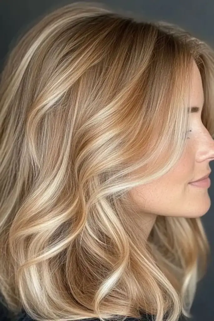"Honey blonde with subtle silver tones."