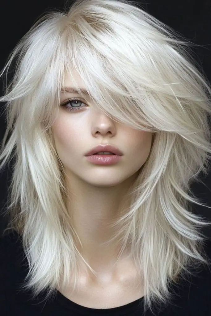 Feathered bangs in frosty blonde hues.