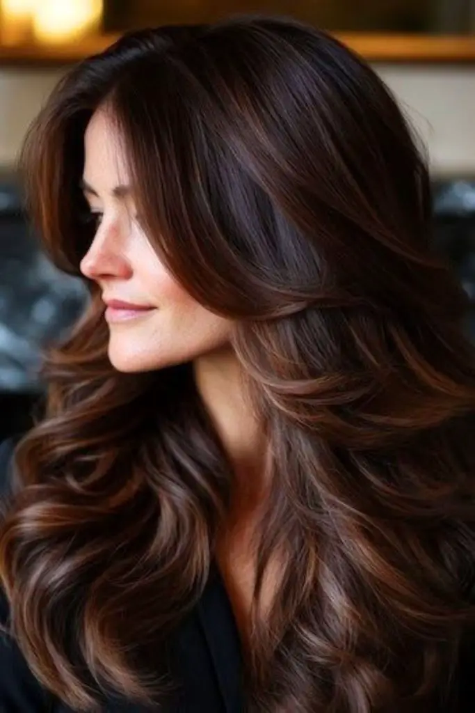 Fiery bronze highlights on dark chocolate roots.