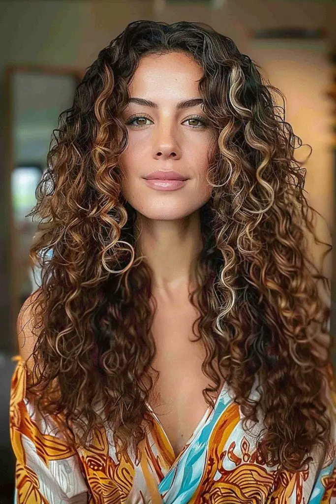 Ombre colors enhance cascading curly layers.