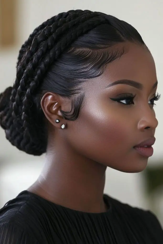"Refined low bun crafted from twists."