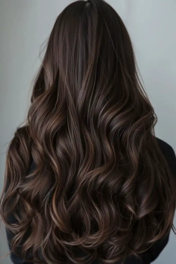 Velvety chocolate hair with pearly streaks.
