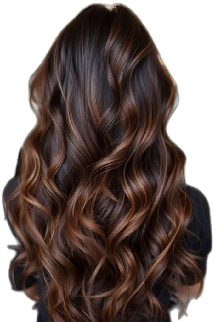 Deep mocha balayage with amber ends.