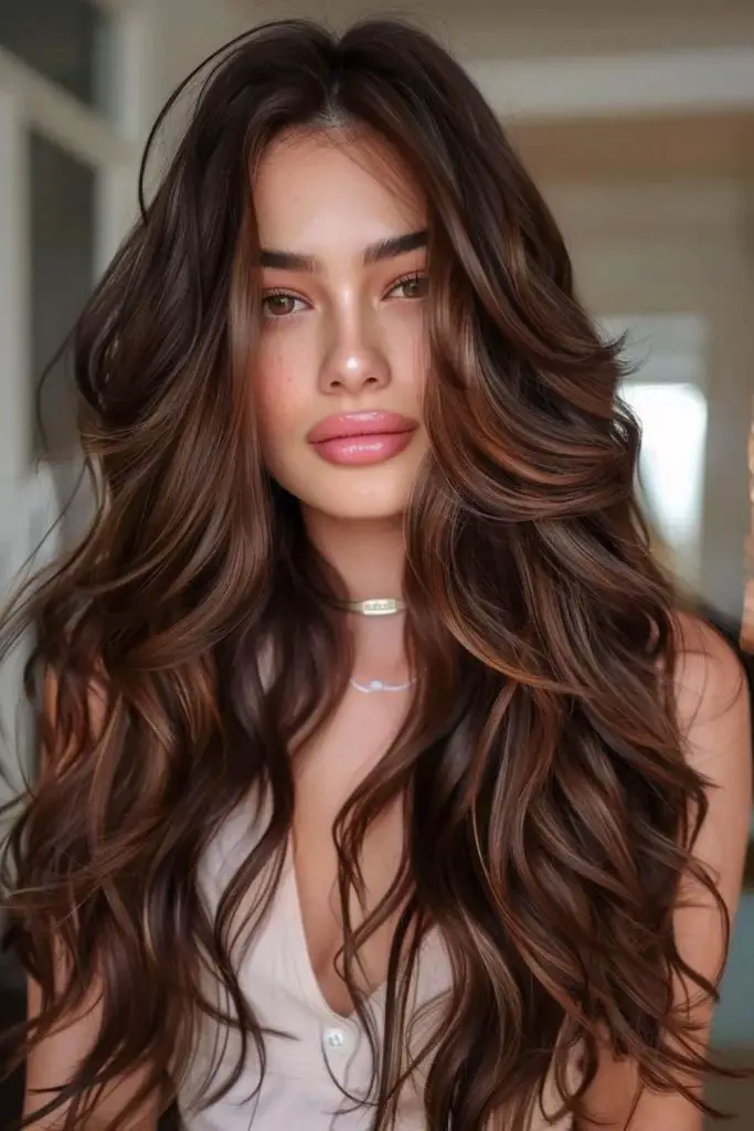 Mocha locks flowing with caramel accents.