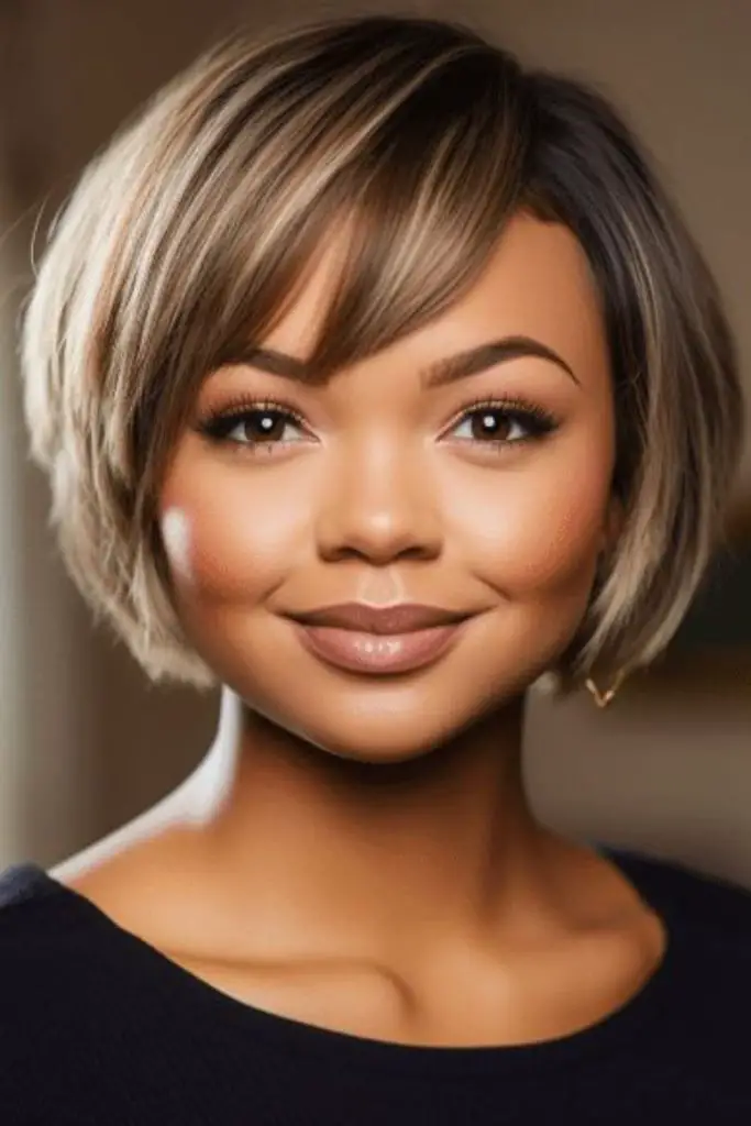 Side-swept bangs soften mushroom cut.