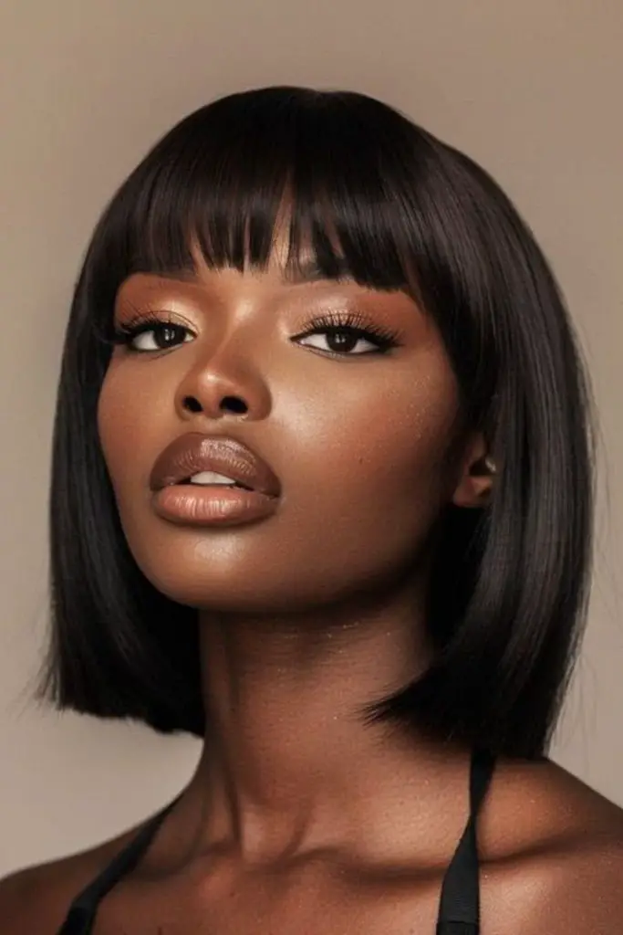 Bold, blunt bangs with round shape.