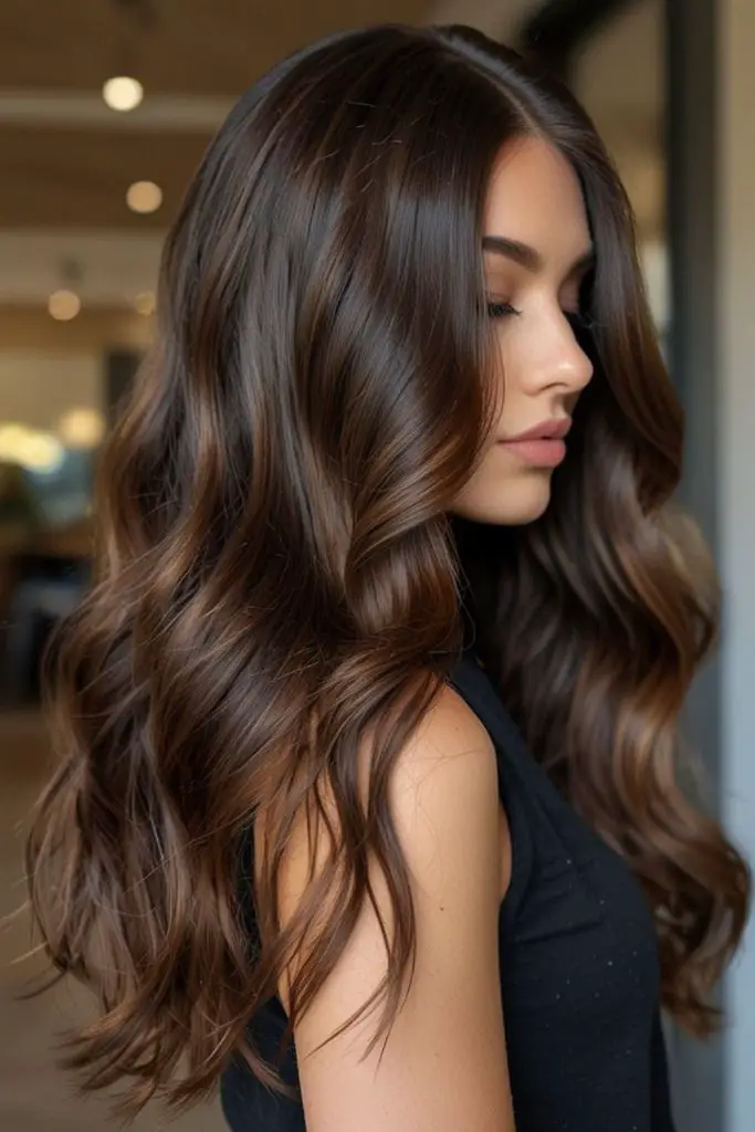Nutmeg highlights layered over chocolate hair.