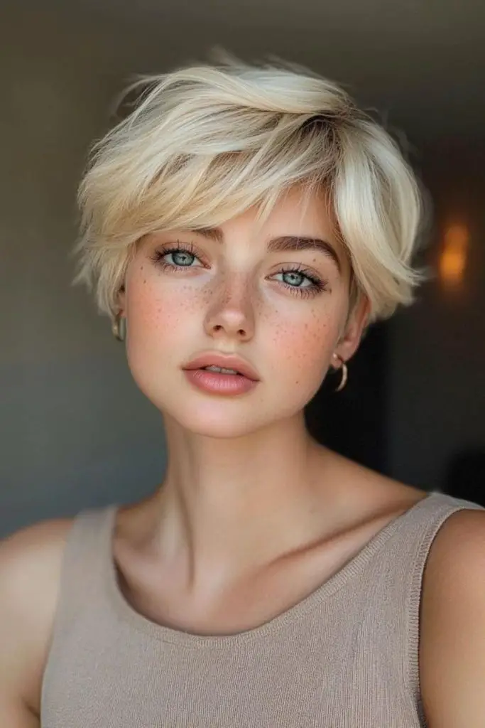 Layered pixie with side-swept charm.