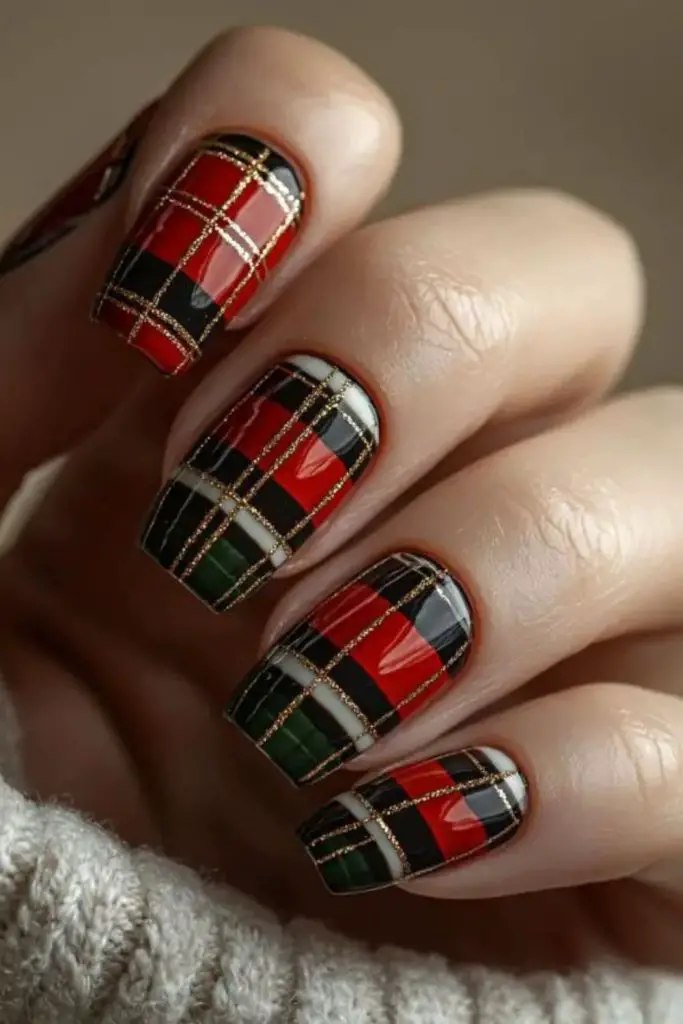 Classic tartan nails in warm tones.